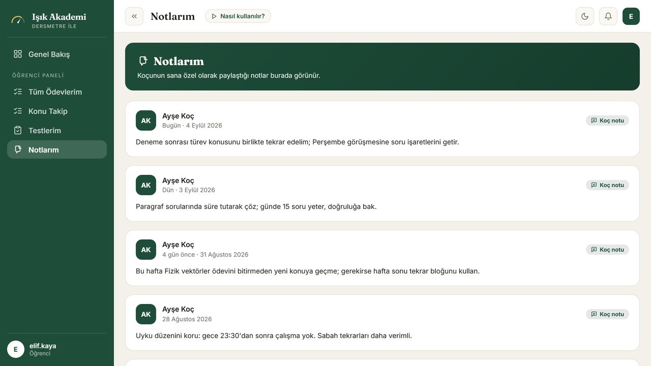 Koçluk Notları ekranı — dersmetre