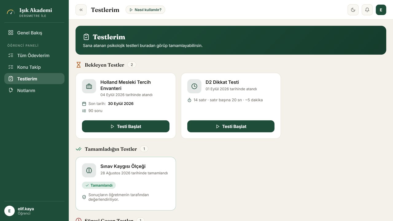 Testlerim ekranı — dersmetre