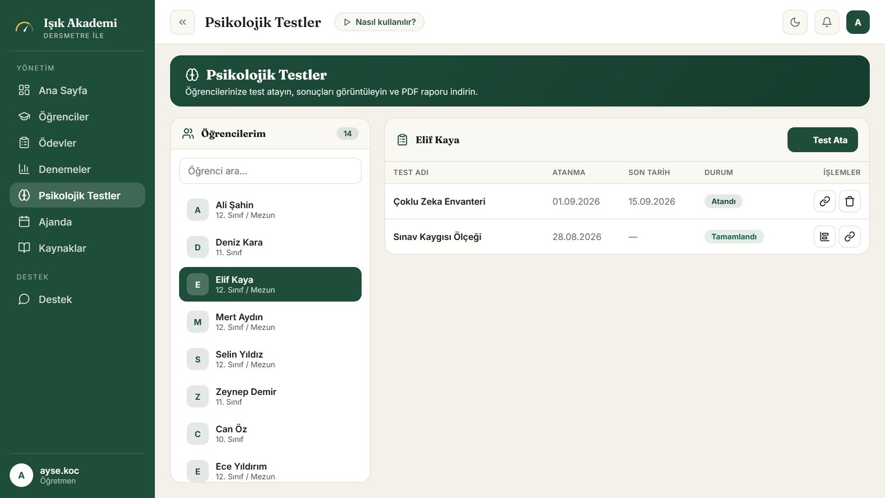 Psikolojik Testler ekranı — dersmetre