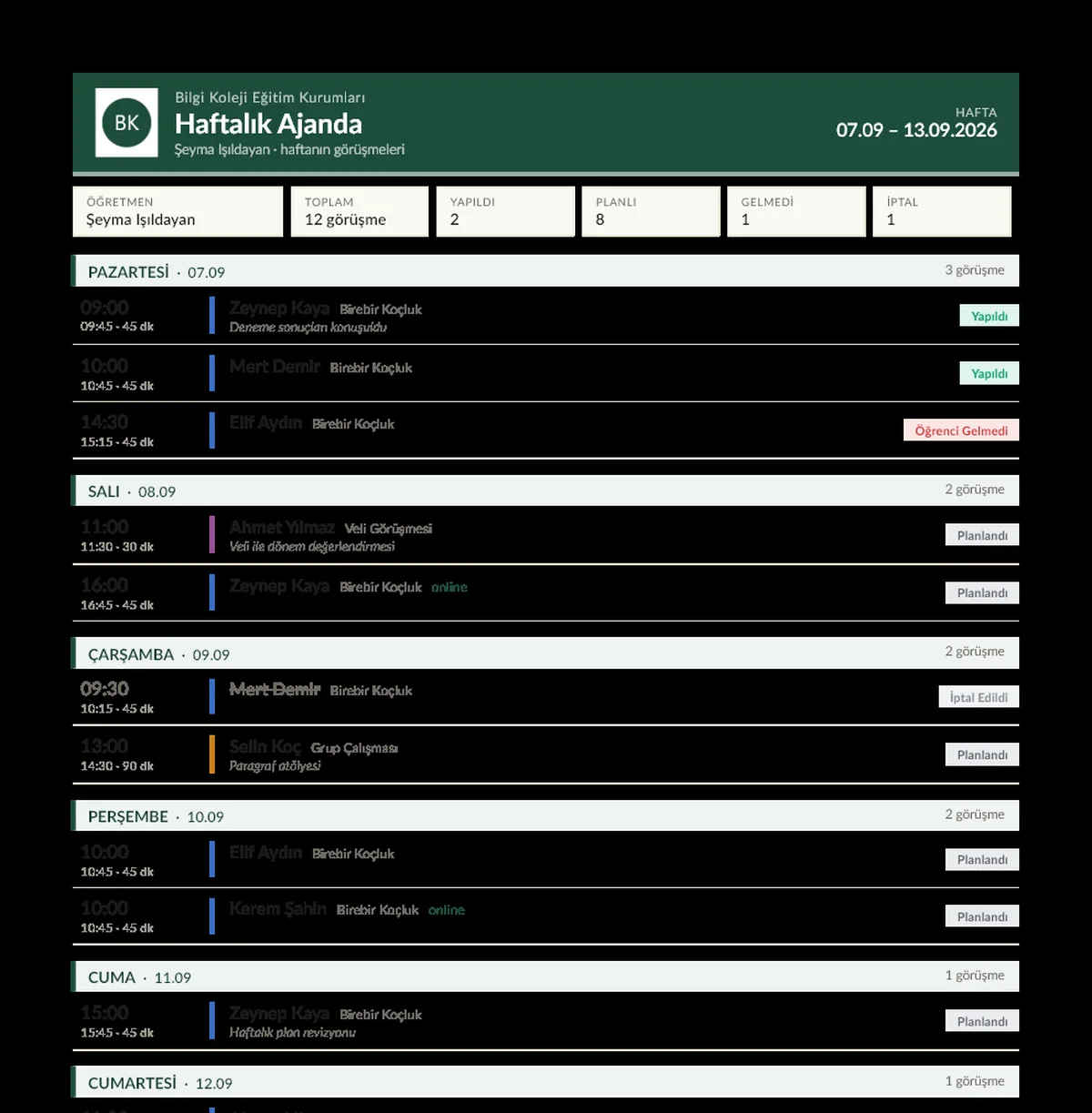 Haftalık Ajanda — PDF örneği